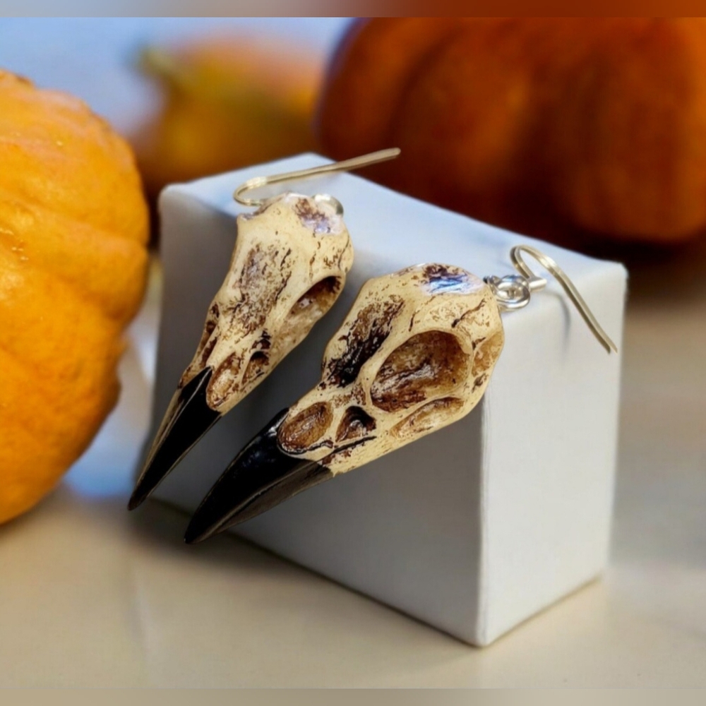 Mens Halloween Bird Skeleton Head Earrings